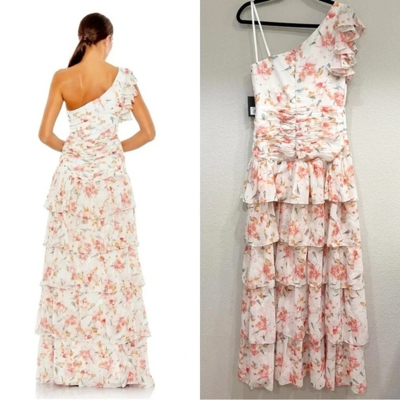 Size 8 Mac Duggal Floral Print Ruffle Tiered One Shoulder Gown Spring Dress - Picture 10 of 11